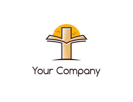 cross and book in front of sun with birds logo