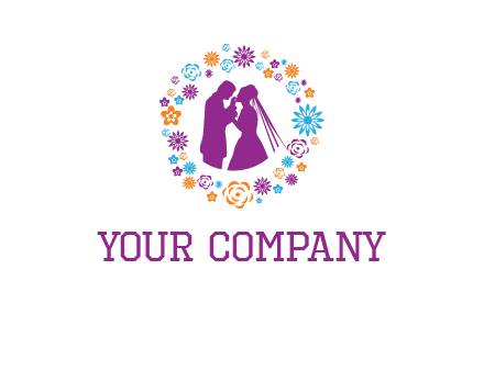 bride and groom in circle frame with flowers logo